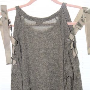 True Craft Cold-Shoulder Ribbon Sweater